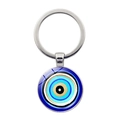 Blue Evil Eye glass charm keychain with polished silver metal ring and circular pendant - Classic Hoop Style (Silver-1)