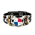 Braided leather bracelet with Panama flag glass charm and metal beads for fans - Panama