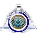 Gros plan du pendentif œil bleu en verre circulaire avec sa chaîne en métal argenté - Texture Radiale d'Œil Géométrique (JY009116-8)
