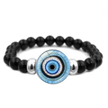 Détail du bracelet mauvais œil avec perles noires brillantes et séparateurs en métal argenté - Style Totem Géométrique Radial (JY009121-12)