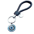 Turkish Evil Eye keychain with black braided leather strap and metal ring charm - Ethnic Totem Evil Eye Style (JY009122-12)