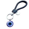 Blue evil eye keychain with black braided leather strap and polished metal ring charm - Glass Texture Evil Eye Style (JY009122-11)