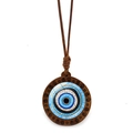 Macro detail of Turkish Evil Eye pendant with wood frame and spiral texture on wax rope - Spiral Wood Evil Eye (JY009130-12)