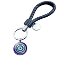 Detail of woven leather cord keychain with Turkish evil eye charm and silver-tone metal ring - Minimalist Blue White Black Evil Eye (JY009122-7)