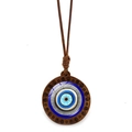Bohemian Evil Eye necklace with wooden pendant and adjustable brown cord on white background - Spiral Wood Evil Eye (JY009130-7)