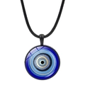 Macro view of blue Evil Eye glass pendant with black cord and intricate concentric circles - Light Blue Concentric Style (JY009123-10)