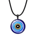 Macro shot of circular blue evil eye pendant with black cord and polished glass finish - Deep Blue Eye Pattern (JY009123-9)