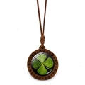 Vintage wooden necklace featuring a green four-leaf clover crystal pendant with wax rope - Morning Dew Clover Style (JY009100-6) / Green