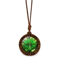 Retro wooden round pendant necklace with green four-leaf clover and woven cord - Textured Clover Style (JY009100-7) / Green