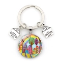 Haus-Schlüsselanhänger mit buntem handgemaltem Glasanhänger und silbernen Anhängern - Fantasie-Bäume Regenbogen-Stil (JY009103-Silber 2)