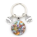 Artistic keychain with colorful house illustration and hollow silver house charms - European Style Town Illustration (JY009103-Silver 5)