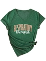 Détail d'un t-shirt col V pour thérapeutes respiratoires avec un nœud stylé à l'ourlet - S / Vert Vintage (Imprimé Blanc)