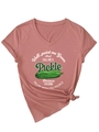 Close-up of V-neck women's t-shirt in dusty rose with pickle print and front knot detail - S / White Floral Print / Dark Pink