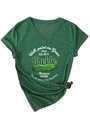 Detail shot of green V-neck T-shirt with pickle graphic print and stylish front hem knot - S / White Floral Print / Vintage Green