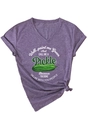 Detail of V-neck purple t-shirt showing knotted hem and green pickle graphic print - S / White Floral Print / Purple