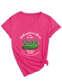 Macro detail of V-neck pink tee with funny green pickle print and stylish hem knot - S / White Floral Print / Rose Red