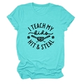 Close-up of turquoise cotton T-shirt featuring black baseball slogan and sports graphics - Deep Water Blue (Black Font)