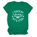 Close-up of green cotton t-shirt with I Teach My Kids To Hit & Steal baseball print - Dark Green (White Font)