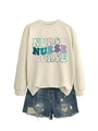 Detail of white crewneck sweatshirt with colorful wavy Nurse print and ripped denim shorts - S / Sand