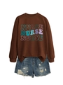 Close-up of brown nurse sweatshirt with wavy print paired with distressed denim shorts - S / Coffee