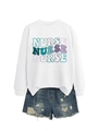 Close-up of a white nurse sweatshirt with colorful lettering and denim shorts - S / White