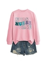 Detailed flat lay of pink long sleeve nurse sweatshirt with retro blue denim shorts - S / Pink