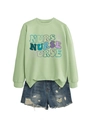 Detail of light green sweatshirt with colorful NURSE typography and ripped denim shorts - S / Olive Green