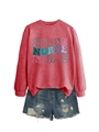 Detail view of red nurse graphic sweatshirt with distressed blue denim shorts - S / Red