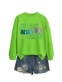 Detail of neon green long sleeve sweatshirt featuring wavy Nurse typography print - S / Fluorescent Green