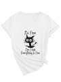 Λεπτομέρεια λευκού T-shirt με λαιμόκοψη V, τύπωμα γάτας και κόμπο στο τελείωμα - S / Λευκό