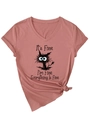 Detail of V-neck t-shirt in dusty pink featuring a funny black cat graphic and text - S / Cornus Pink