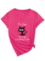 Detail of V-neck peach t-shirt with messy cat graphic and front knot hem design - S / Rose Red