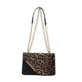 Fashionable leopard print and black patchwork square bag with gold chain straps - Black