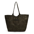 Borsa tote in tela leopardata verde scuro ad alta capacità con doppi manici neri - Nero