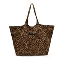 Grande borsa tote in tela con stampa leopardata e dettagli di etichetta nera - Marrone