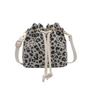 Chic bucket bag with black and white leopard print and white faux leather drawstring strap - White