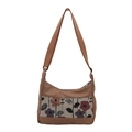 Schultertasche aus camelfarbenem Nylon mit Blumengewebe-Dekor und breitem Stoffriemen - Khaki
