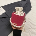 Trendy rose red square handbag with floral relief texture and faux pearl handle - Pink