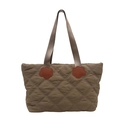 Quilted khaki tote bag with large capacity and decorative orange floral leather patches - Green