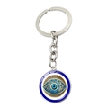 Close-up of Turkish Blue Evil Eye keychain with silver geometric metal detailing - Gold Grid Style (JY009129-8)