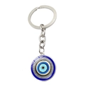 Macro shot of silver metal key ring with glass Turkish Blue Evil Eye amulet charm - Concentric Circle Style (JY009129-7)