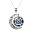 Silver crescent moon evil eye pendant necklace with vintage blue talisman amulet - Sunburst Pattern Style (JY009126-8)