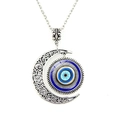 Close-up of Turkish evil eye pendant with crescent moon on a silver link chain - Amulet Eyeball Style (JY009126-7)
