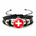 Handmade leather bracelet with Swiss flag glass cabochon and adjustable woven ropes - Swiss