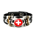 Zwarte gelaagde lederen armband met vlag-embleem en retro metalen kralen - Zwitserland
