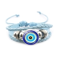 Pulsera multicapa de cuero trenzado azul claro con ojo turco y detalles plateados - Azul Estilo 1 (Azul-1)