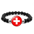 Bracelet en perles noires avec breloque drapeau suisse pour supporter de football - Suisse