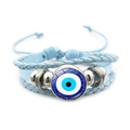 Pulsera de cuero trenzado azul claro de varias capas con amuleto del ojo turco - Estilo Azul 2
