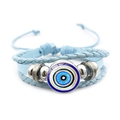 Pulsera de cuero trenzado azul claro con ojo turco, cordón ajustable y cuentas plata - Azul Estilo 3 (Azul-3)