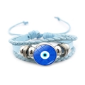 Pulsera artesanal de cuero trenzado azul claro con ojo turco y cuentas plateadas - Estilo Azul 6